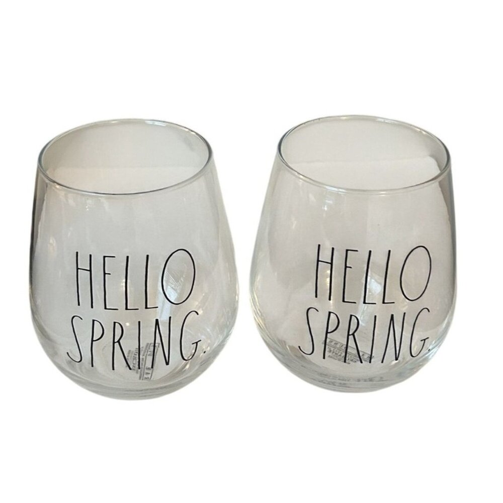 Rae Dunn "Hello Spring" Clear Stemless Glasses Set Of 2